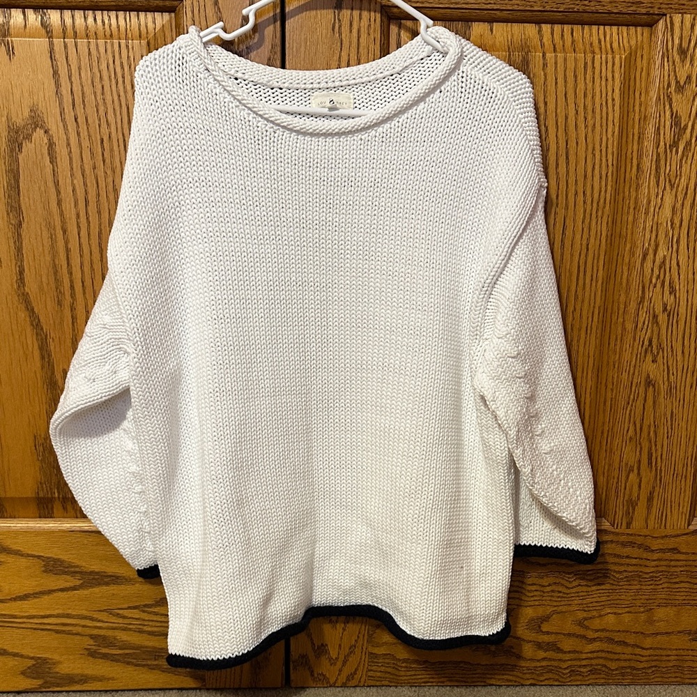 White Knit Sweater with Navy Trim